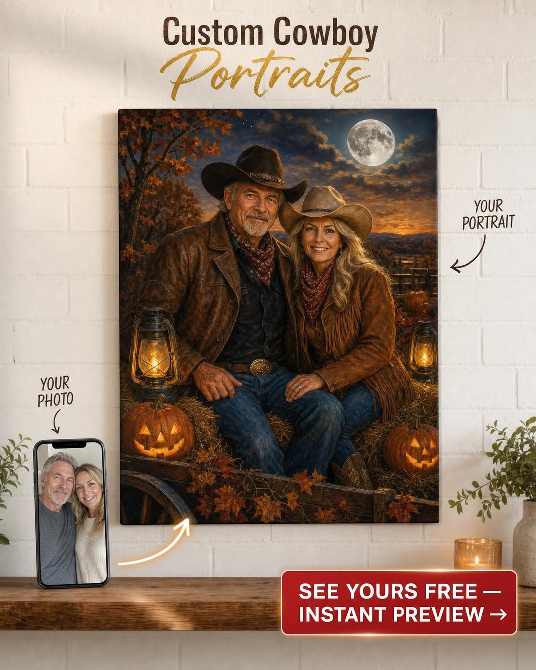 Western Cowboy Couple Portrait Canvas - Custom Art