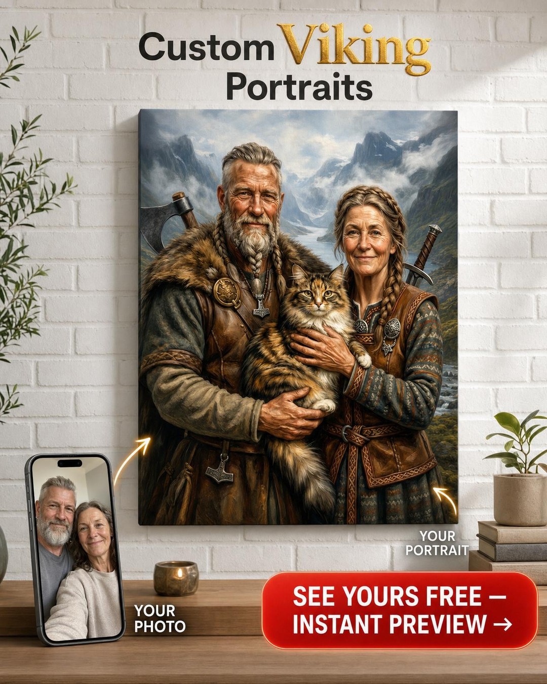 Regal Viking Couple Canvas with Pet