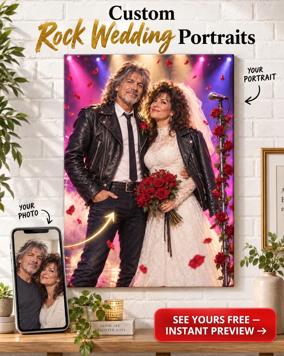 Rock and Roll Wedding Couple Custom Portrait from Photo | Personalized Musician Portrait Gift