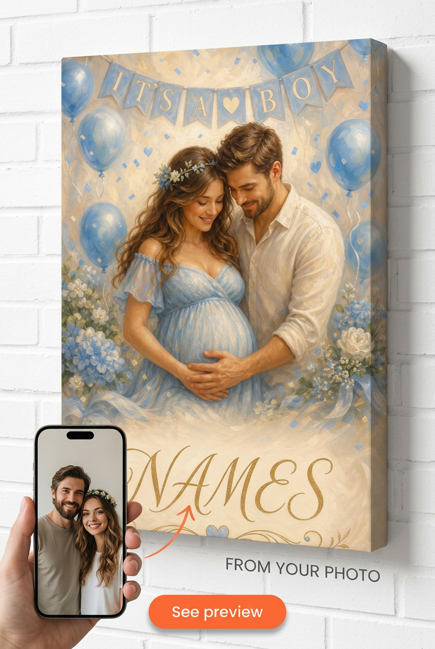 Gender Reveal Pink Gift — Joyful Expecting Couple Canvas from Photo
