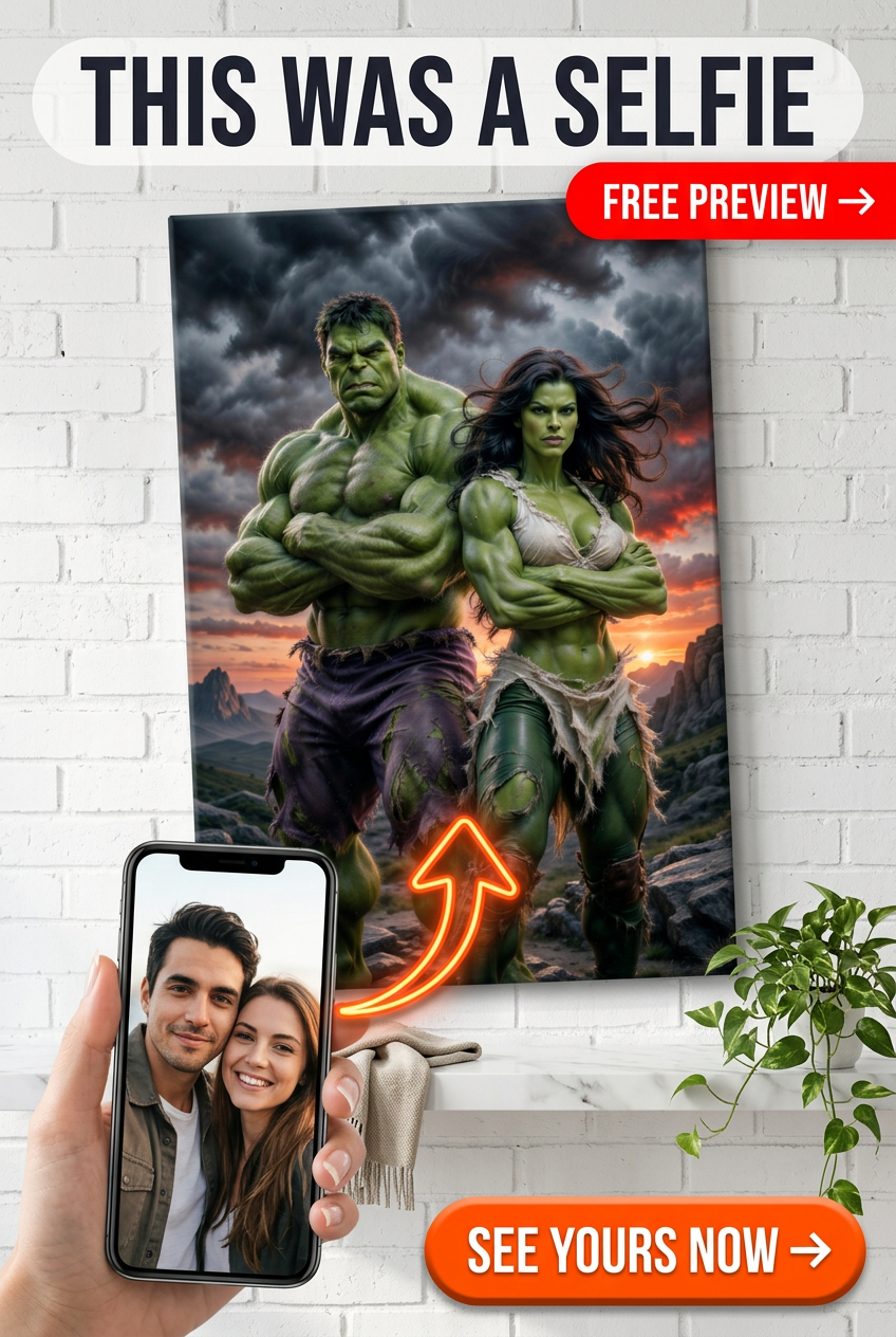 Custom Superhero Couple Portrait — Whimsical Hulk Canvas from Photo