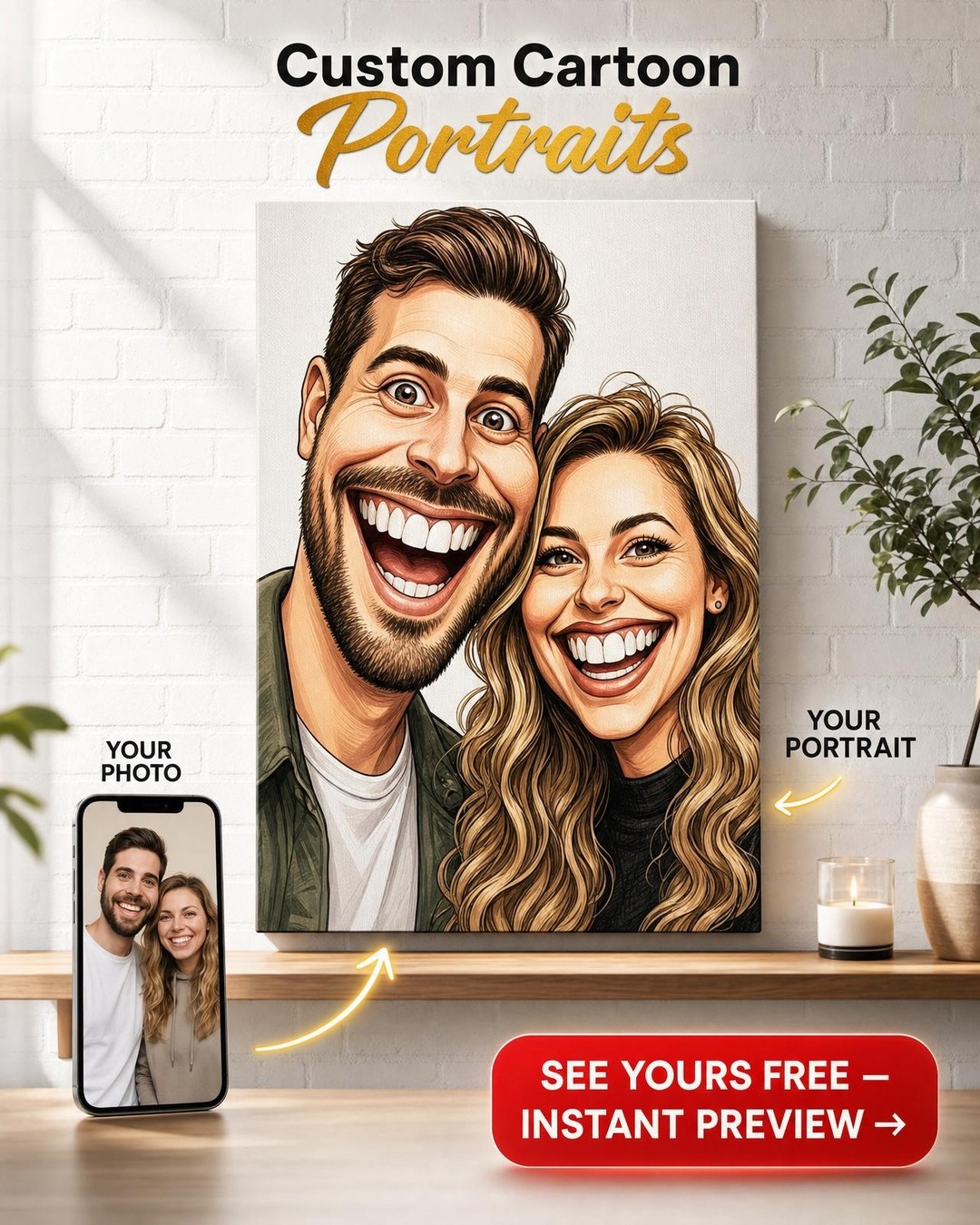 Custom Pencil Sketch Couple Portrait — Whimsical Canvas Art from Photo