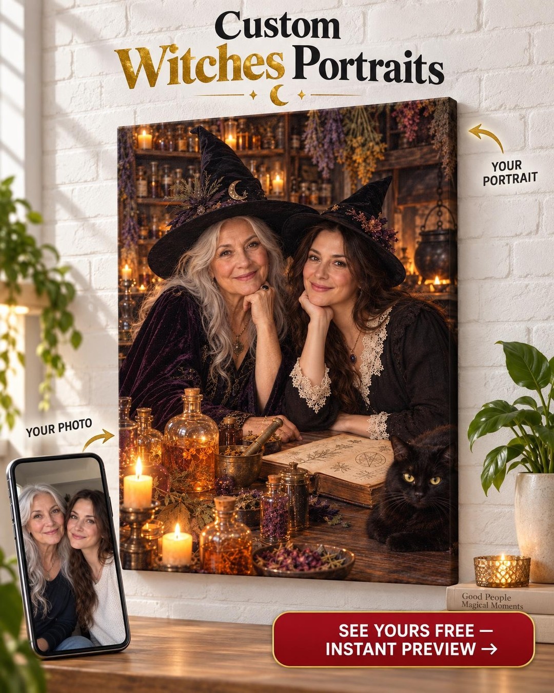 Mother and Daughter Witches Custom Portrait from Photo | Personalized For Two Women Gift