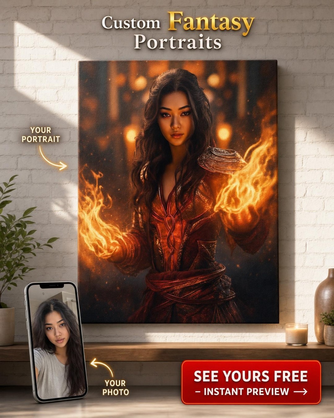 Custom Fantasy Woman Portrait — Heroic Fire & Magic Canvas
