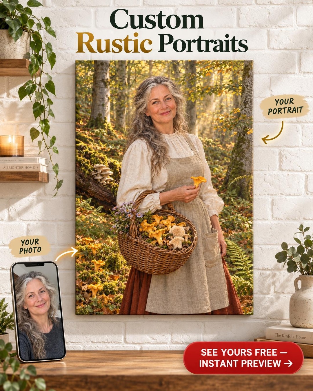 Cottage Forager Custom Portrait from Photo | Personalized Mushroom Foraging Gift