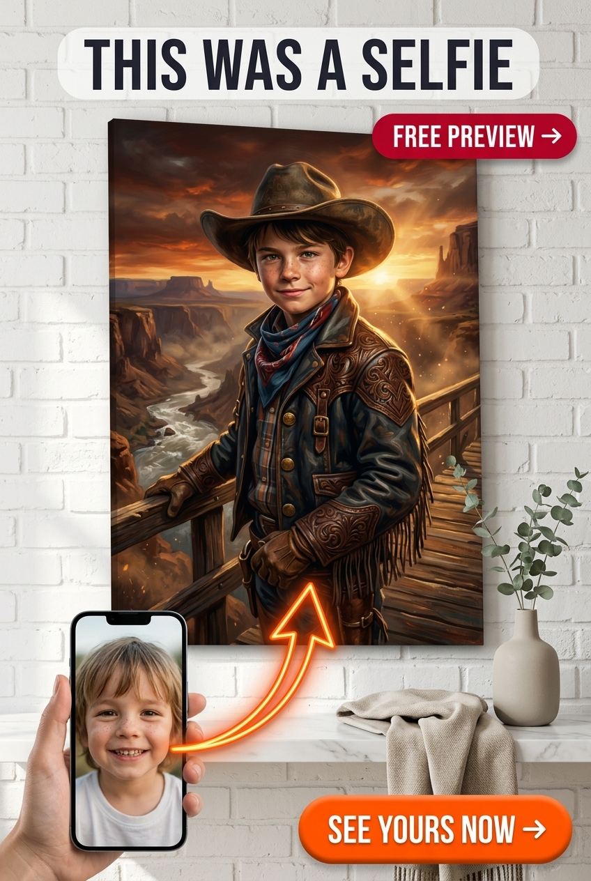 Custom Cowboy Child Portrait — Heroic Western Canvas for Boy