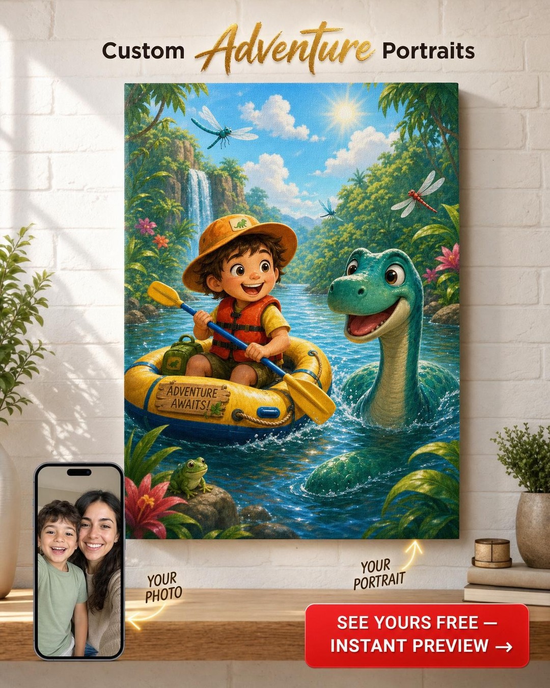 Embark on a River Dino Adventure with a Custom Canvas Portrait