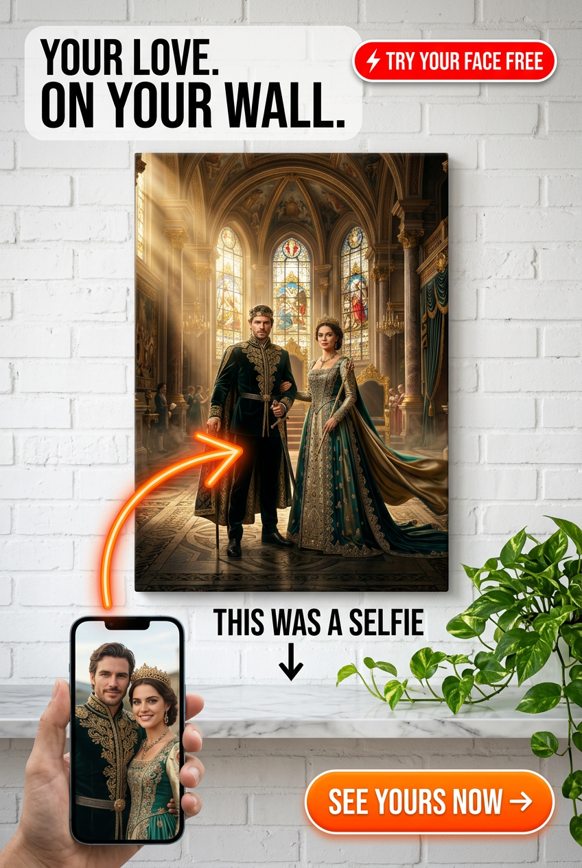 Custom Royal Couple Portrait — Regal Throne Canvas from Photo