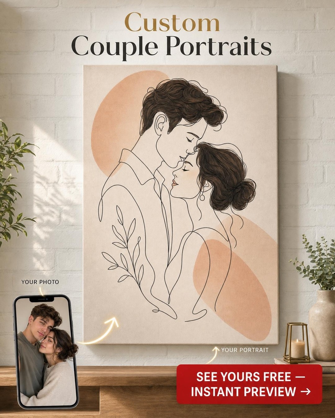 Minimalist Line Art Couple Canvas — photoreal canvas with face-swap on a templat