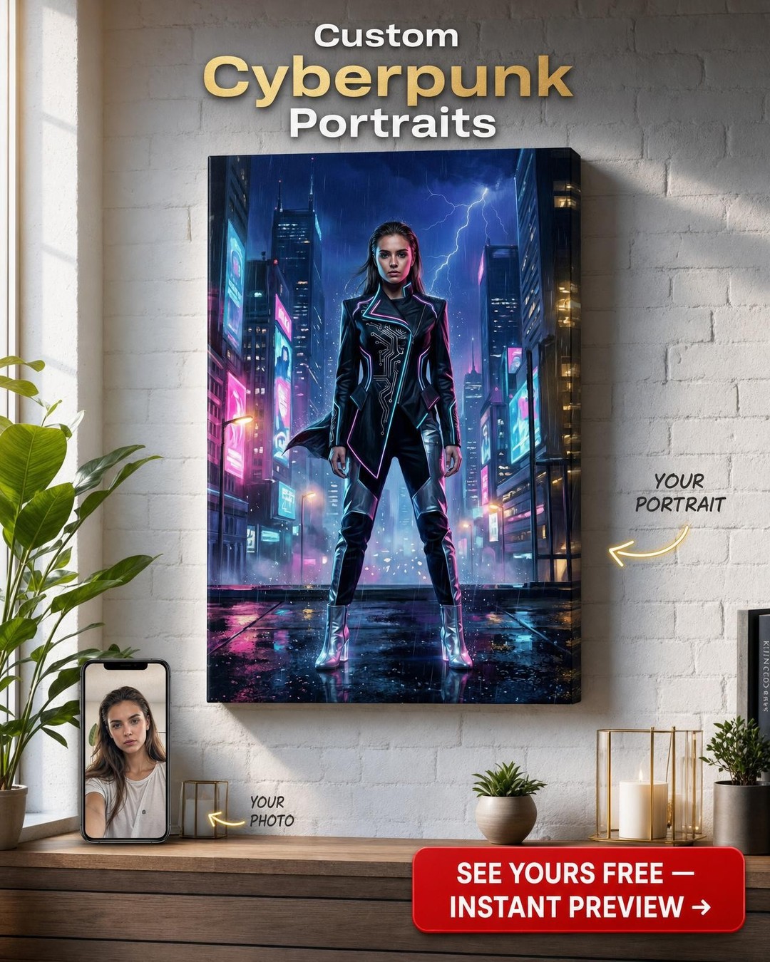 Custom Cyberpunk Man Portrait — Heroic Neon Warrior Canvas