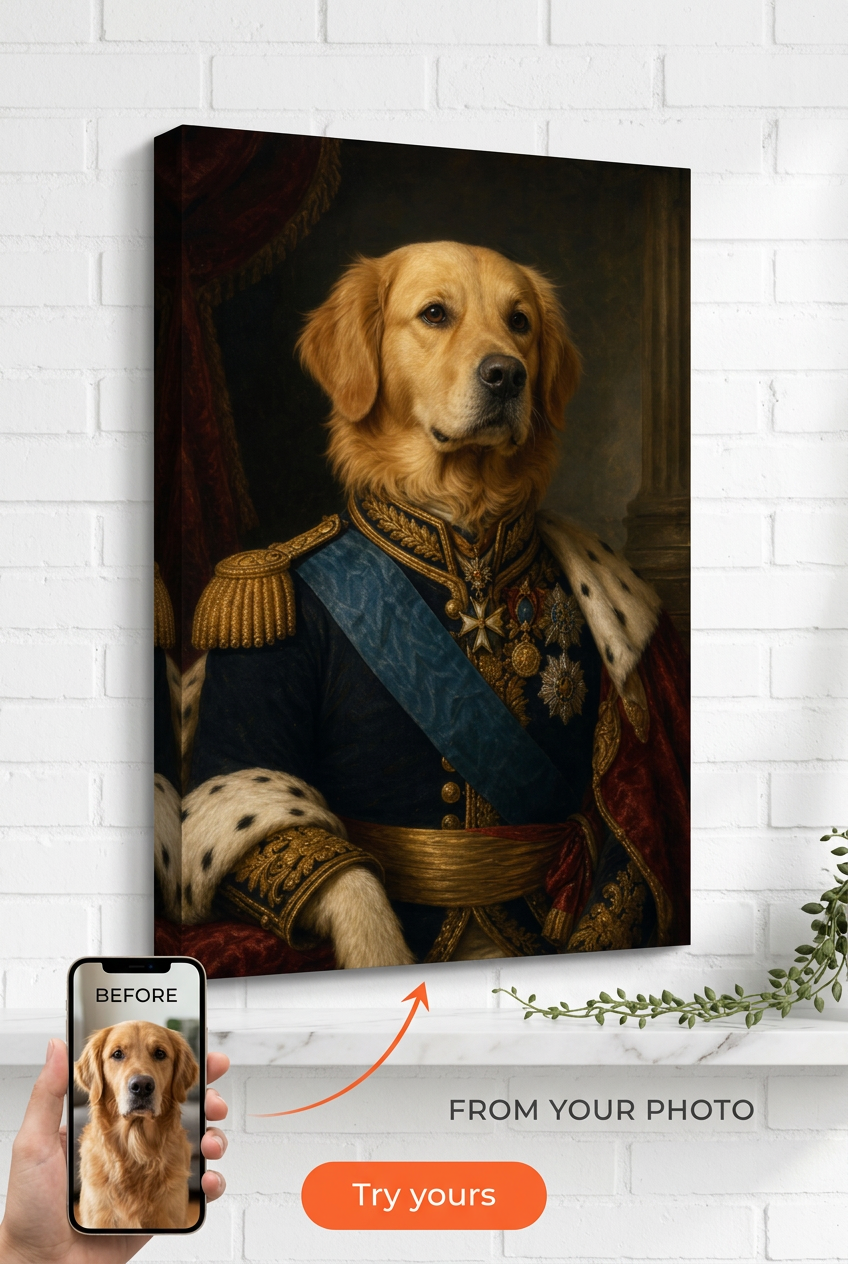 Custom Royal Pet Portrait — Regal Dog Canvas from Photo