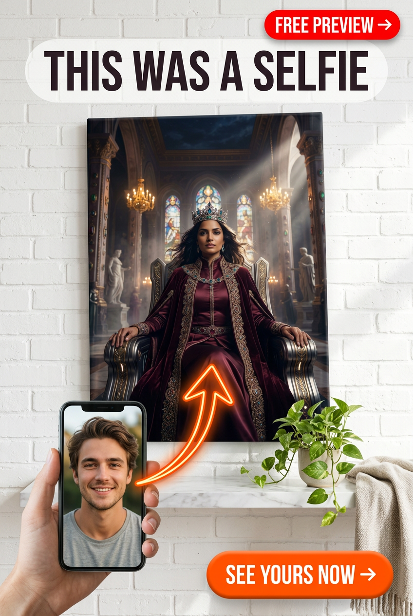 Custom Royal Woman Portrait — Regal Crown & Throne Canvas