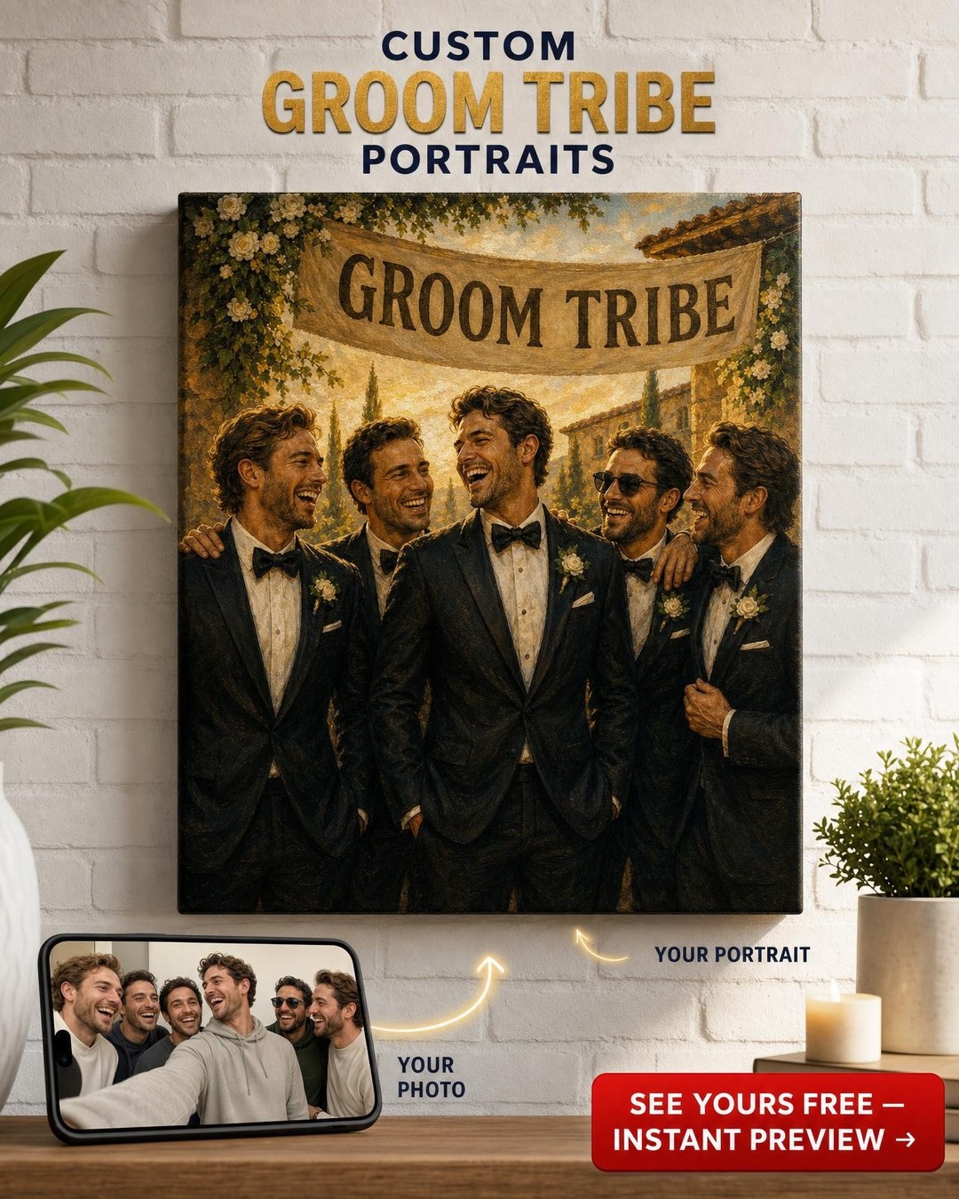 Groomsmen Squad Group Canvas — AI-regenerated portrait personalized with names