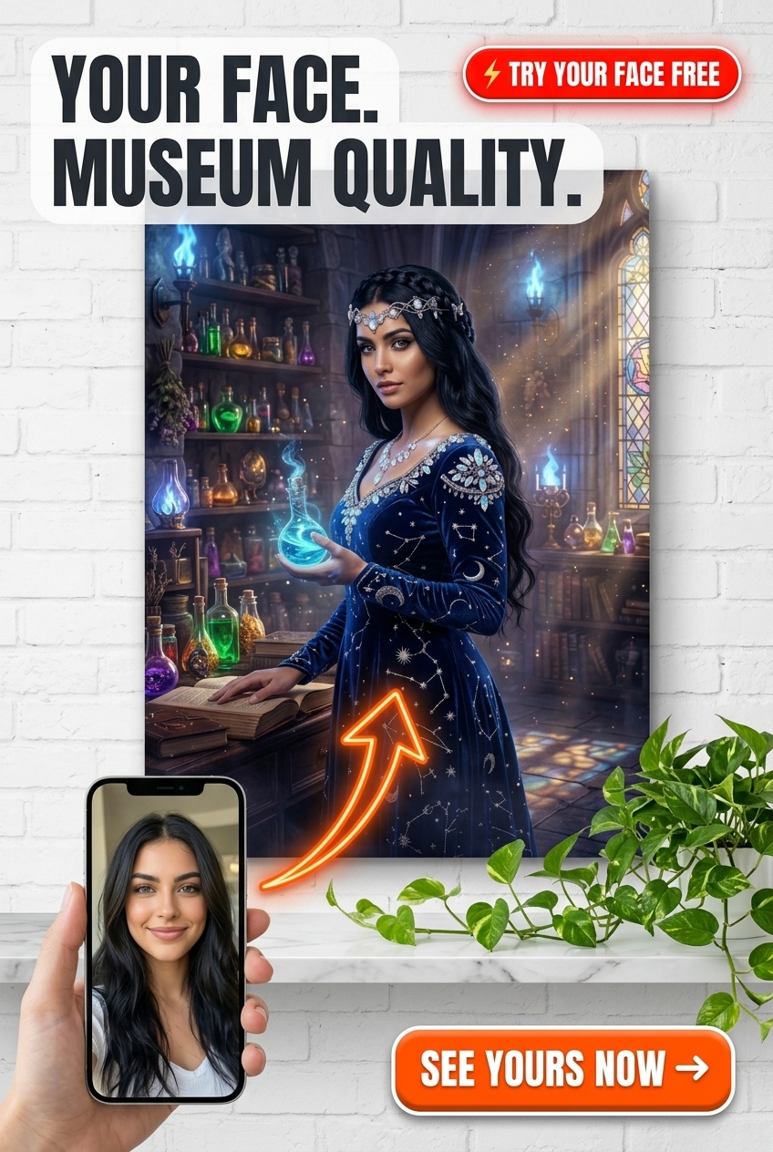 Custom Fantasy Woman Portrait — Whimsical Potion Magic Canvas