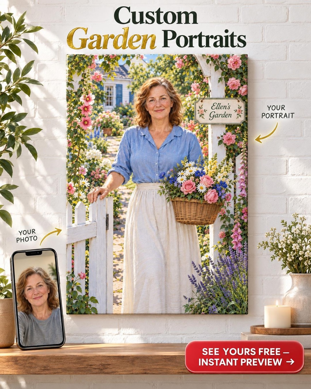 Garden Gate Sign Custom Portrait from Photo | Personalized Gardener Gift