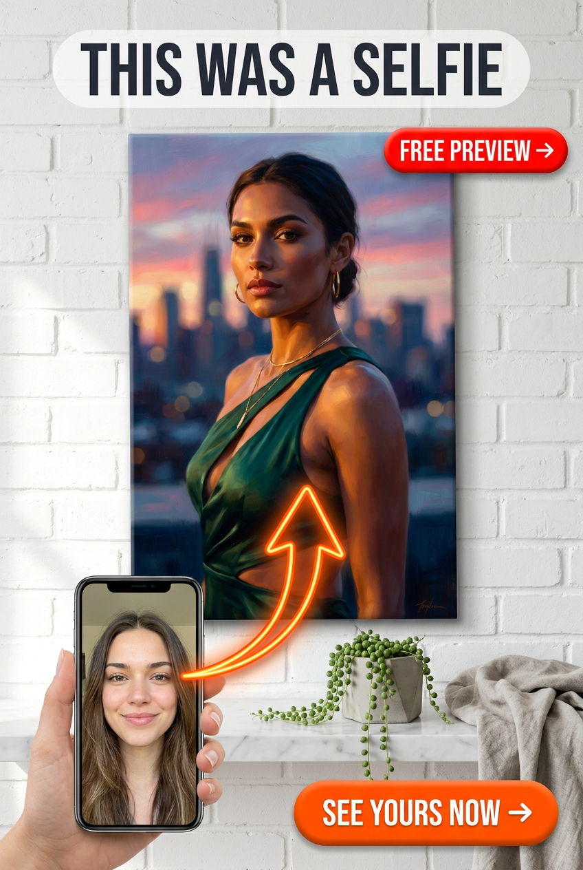 Custom Sunset Woman Portrait — Serene City Skyline Canvas