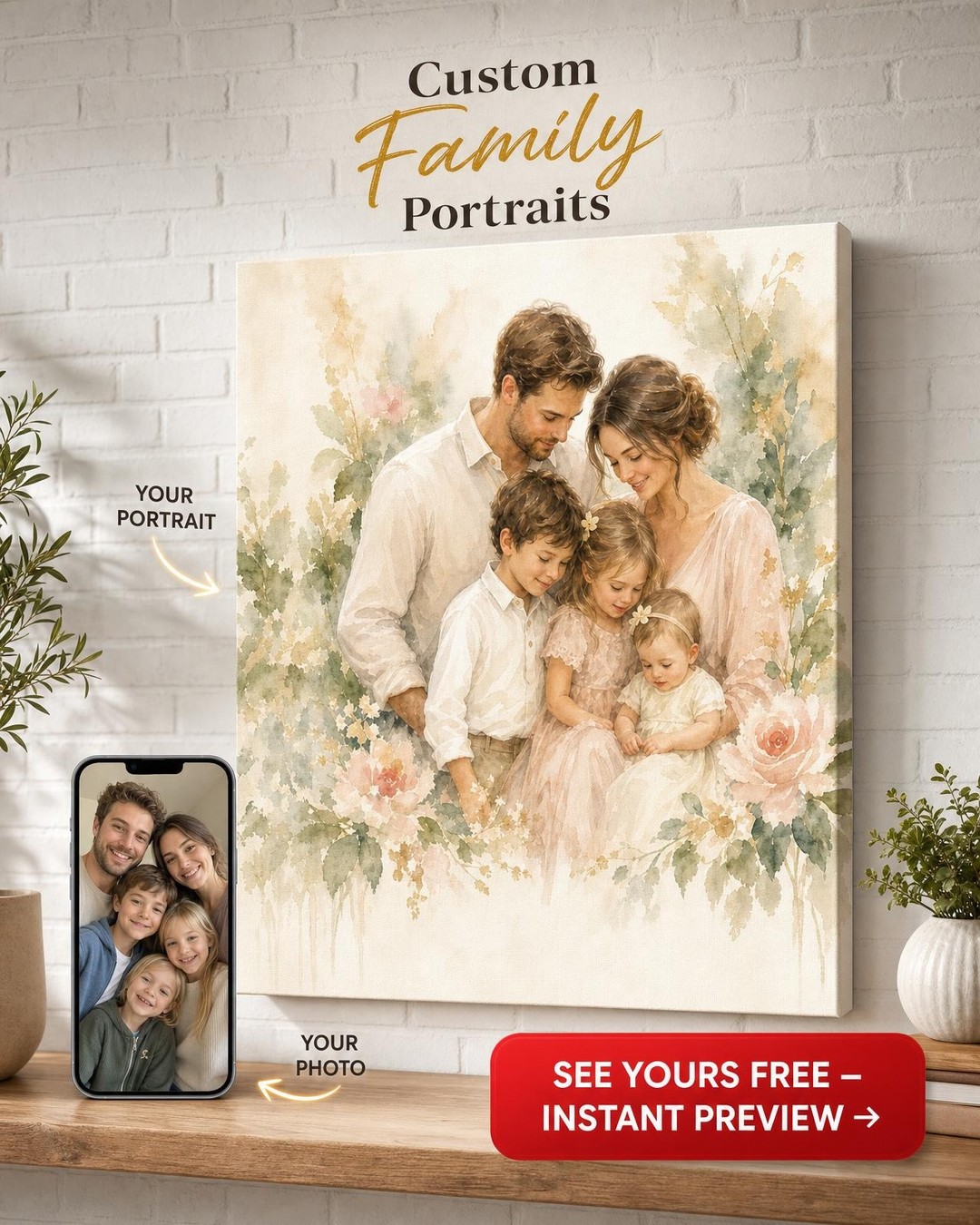 Custom Watercolor Family Portrait — Serene Floral Canvas from Photo