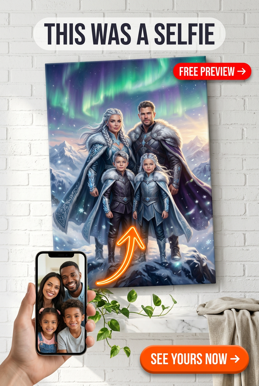 Custom Norse Family Portrait — Heroic Aurora Canvas Gift