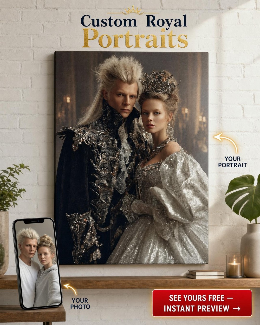 Custom Royal Couple Portrait — Regal Throne Canvas from Photo