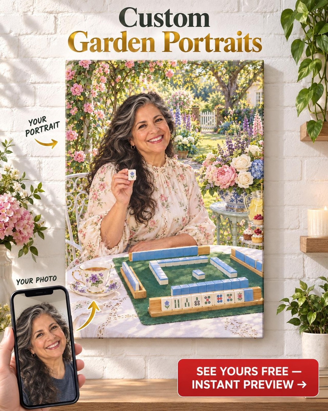 Garden Party Mahjong Custom Portrait from Photo | Personalized Mahjong Portrait Gift
