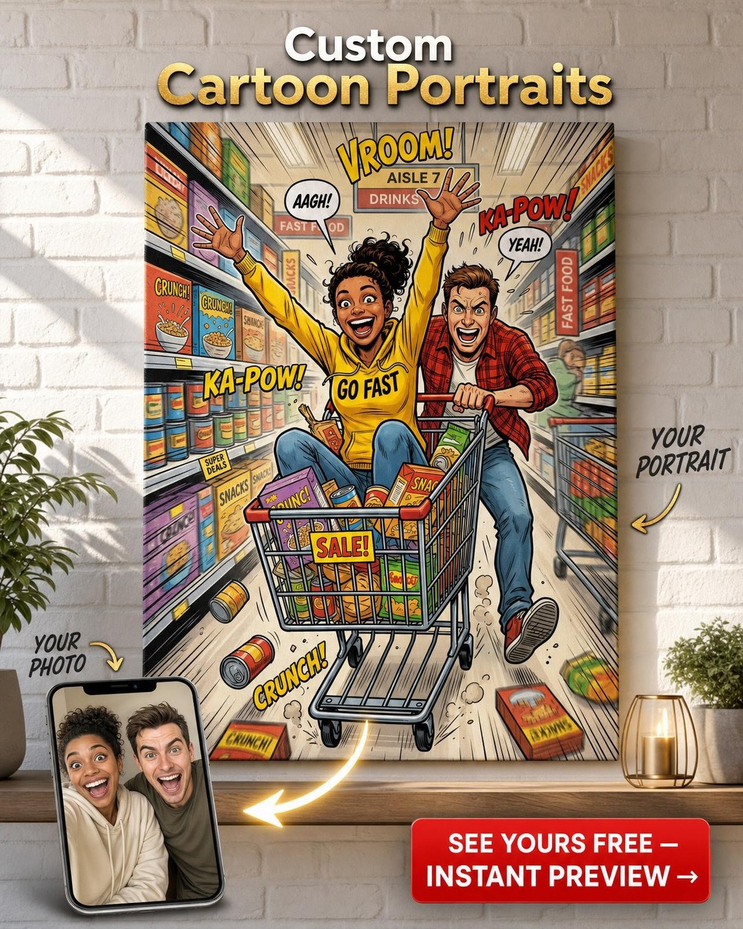 Cartoon Couple Portrait: Grocery Store Fun