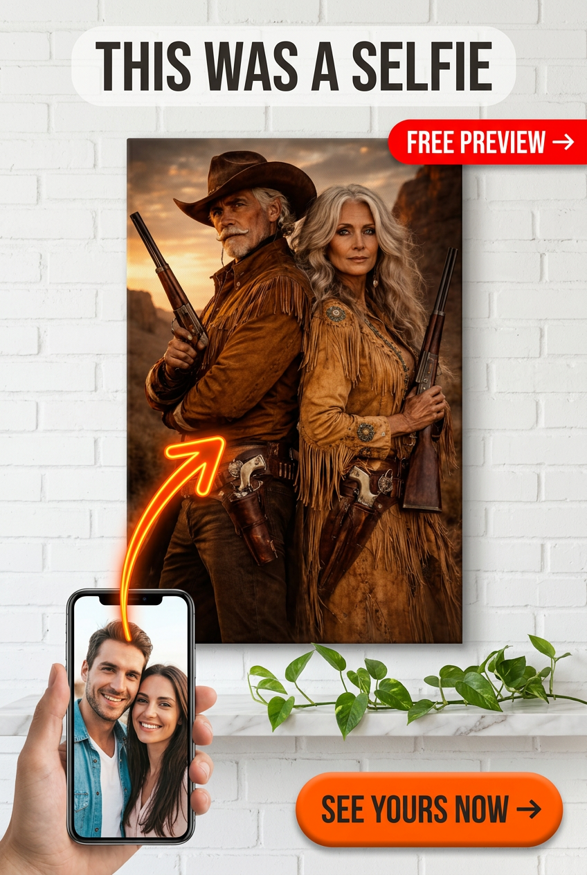 Custom Cowboy Couple Portrait — Heroic Western Canvas from Photo