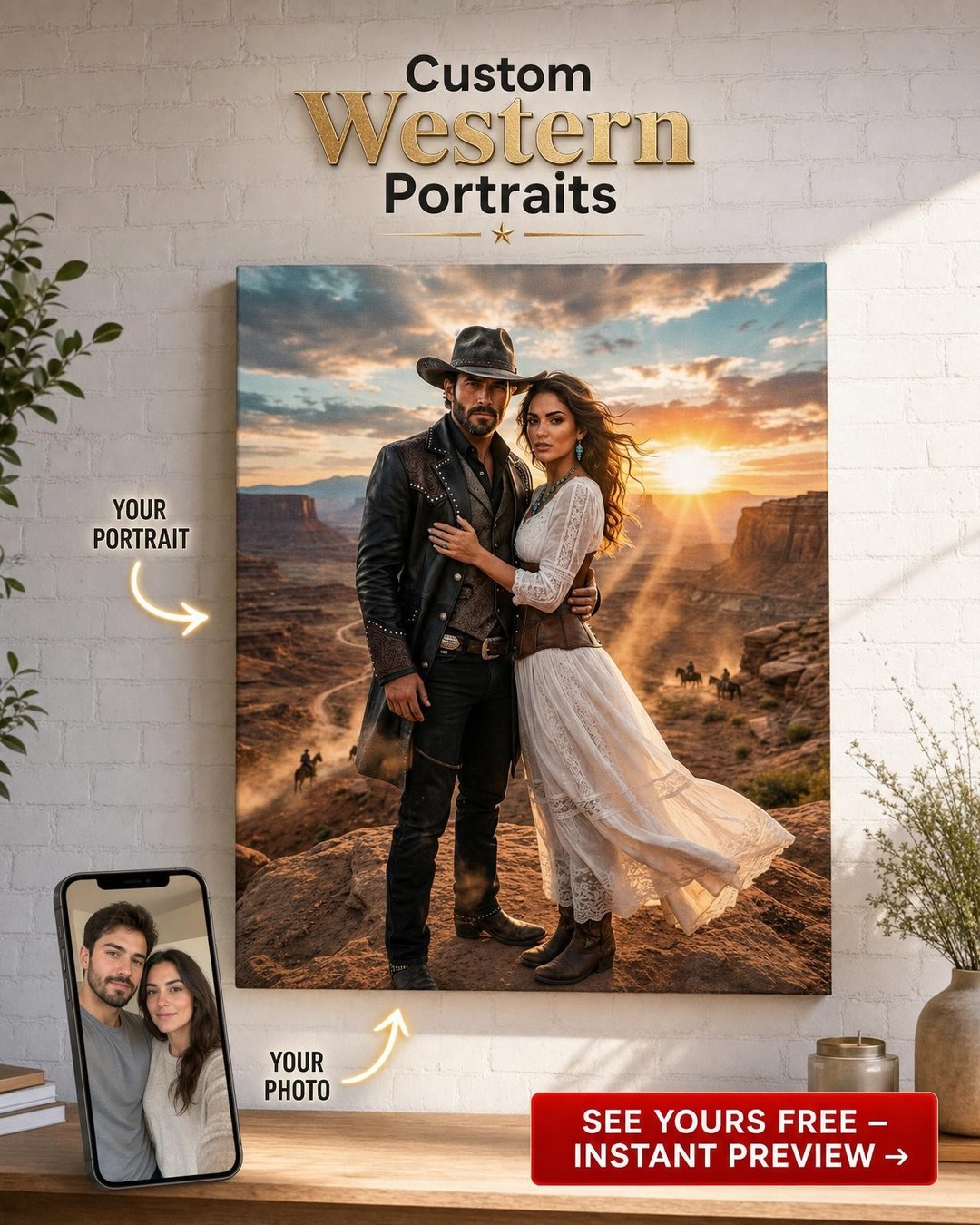 Custom Cowboy Couple Portrait Canvas — Western Art