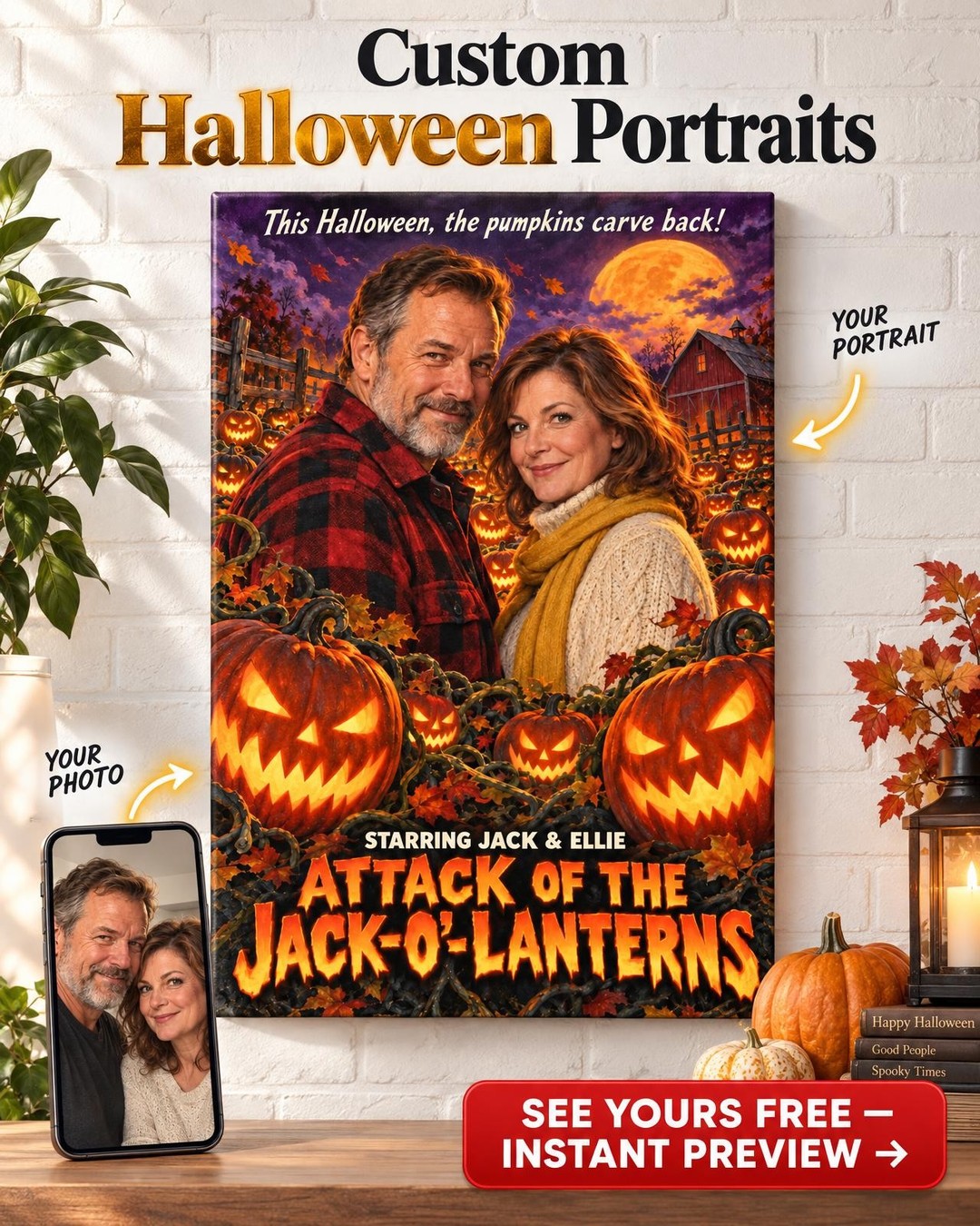 Halloween Monster-Movie Poster Custom Portrait from Photo | Personalized Monster Movie Canvas Gift