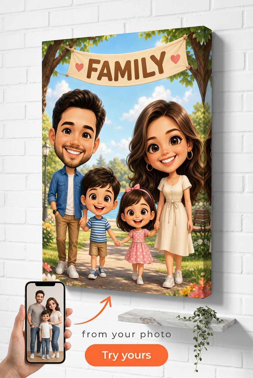 Custom Bobblehead Cartoon Family Canvas — Whimsical Family Portrait from Photo