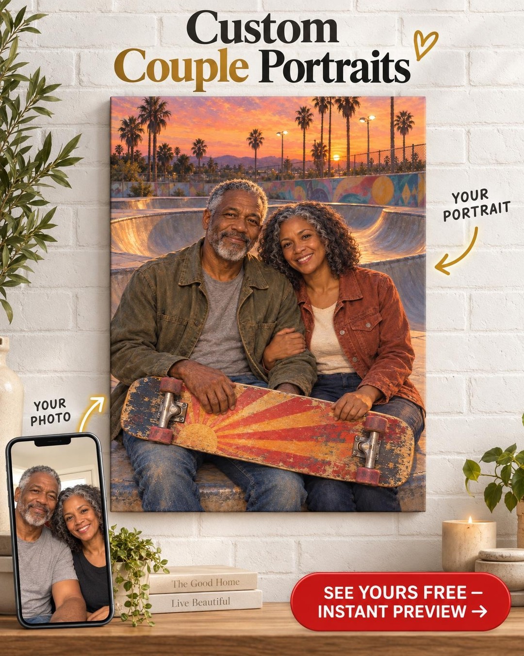 Still Our Spot Skater Couple Custom Portrait from Photo | Personalized Skateboarding Portrait Gift