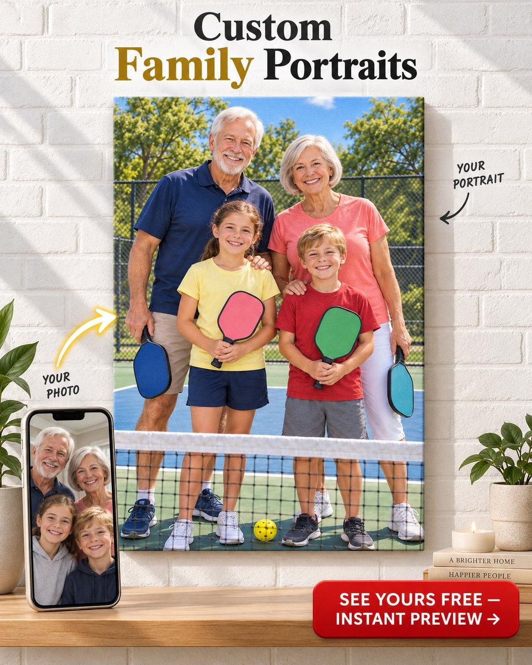 Grandparents and Grandkids Pickleball Custom Portrait from Photo | Personalized Pickleball Gift
