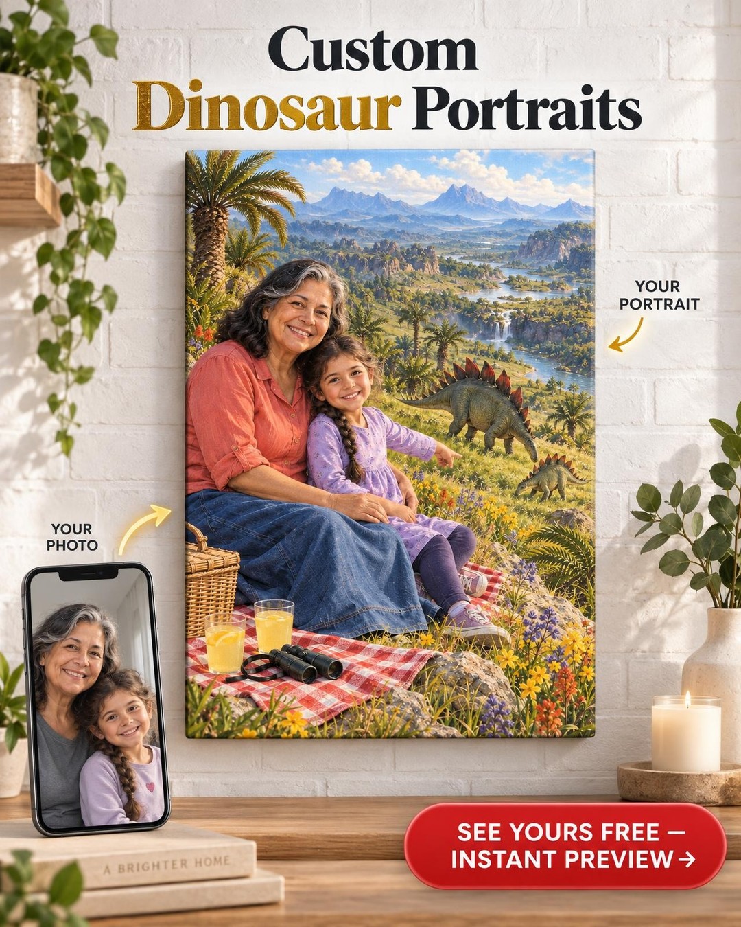 Grandma and Granddaughter Dinosaur Custom Portrait from Photo | Personalized Dinosaur Canvas Gift