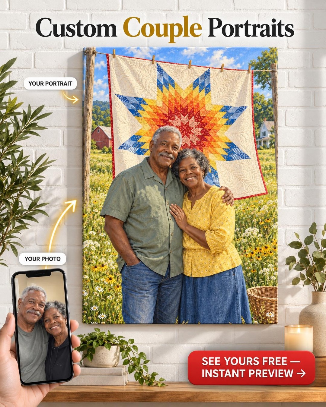 Quilt on the Line Couple Custom Portrait from Photo | Personalized Quilting Portrait Gift