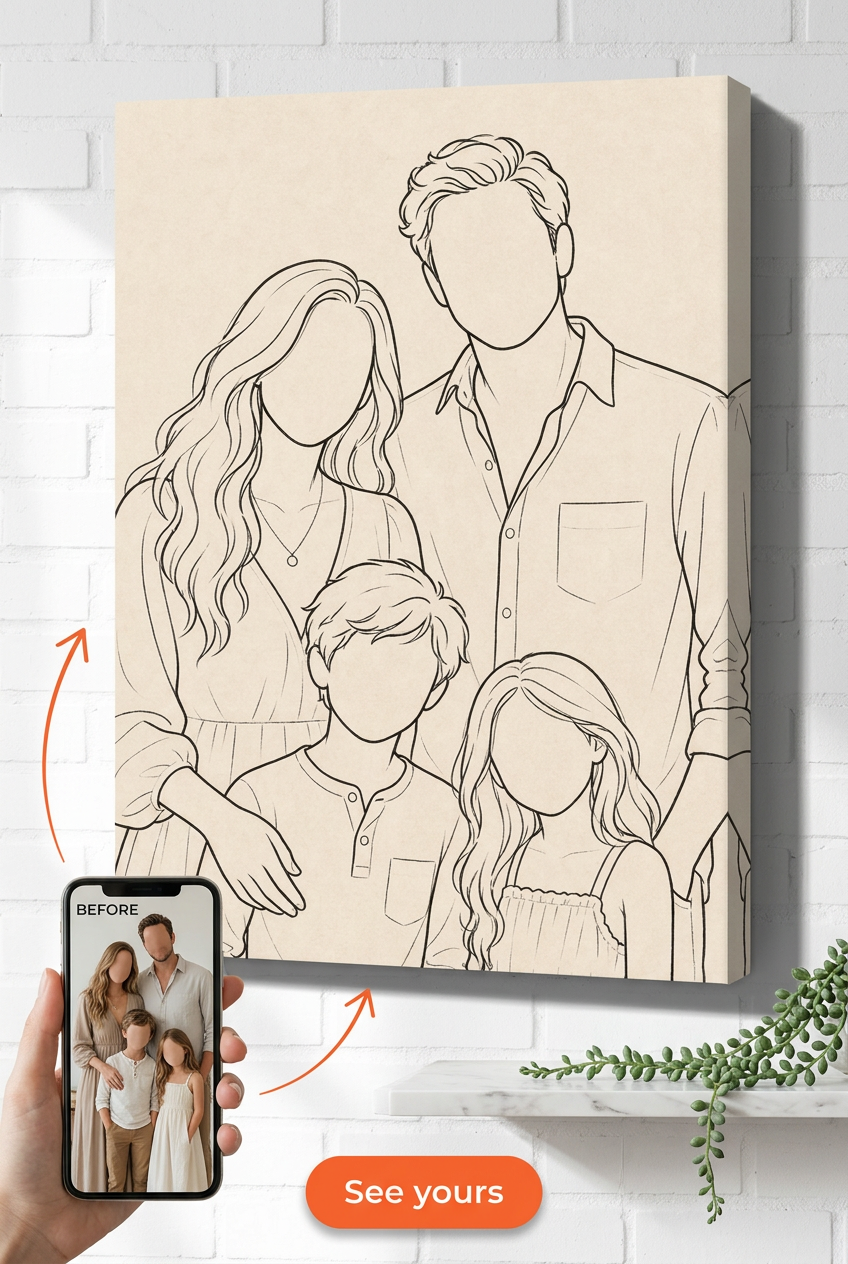 Custom Minimalist Family Portrait — Serene Outline Canvas from Photo