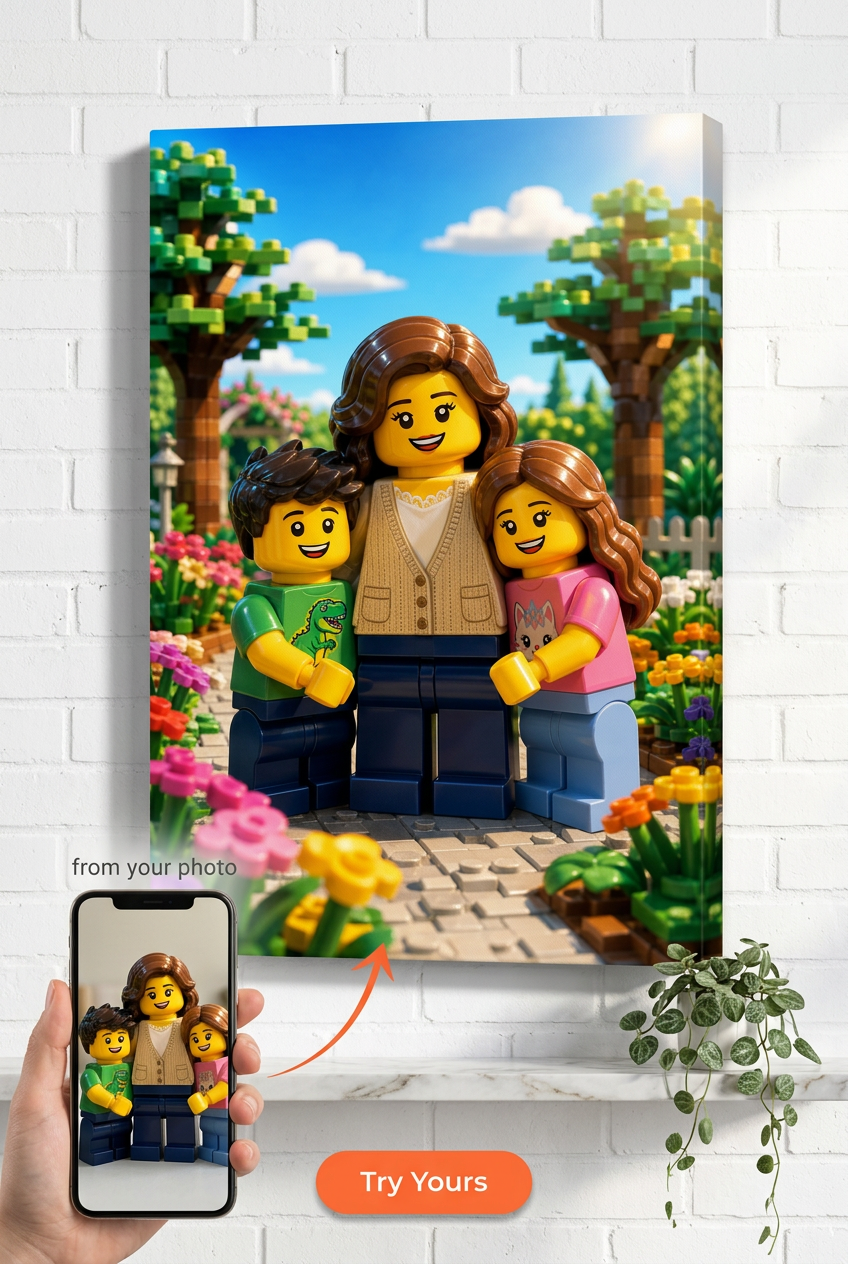 Custom Brick Minifigure Mom and Kids Portrait from Photo | Personalized Undefined Gift