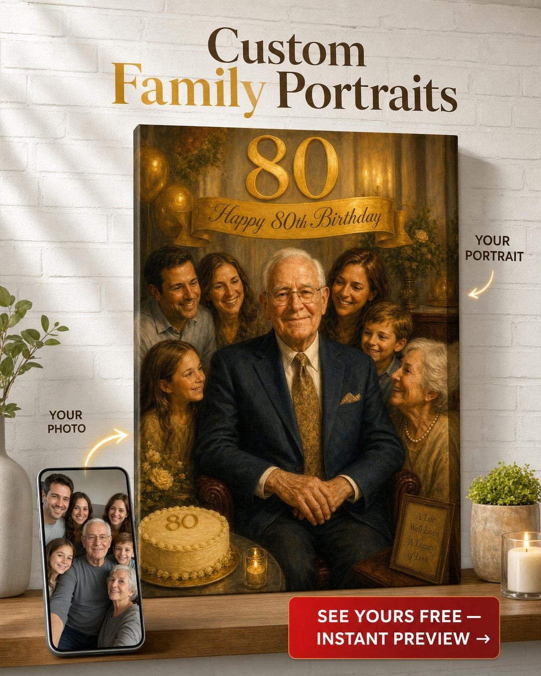 Custom Birthday Family Portrait — 80th Milestone Canvas from Photo