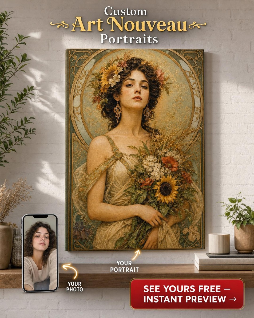 Seasonal Art Nouveau Custom Portrait from Photo | Personalized Canvas Gift