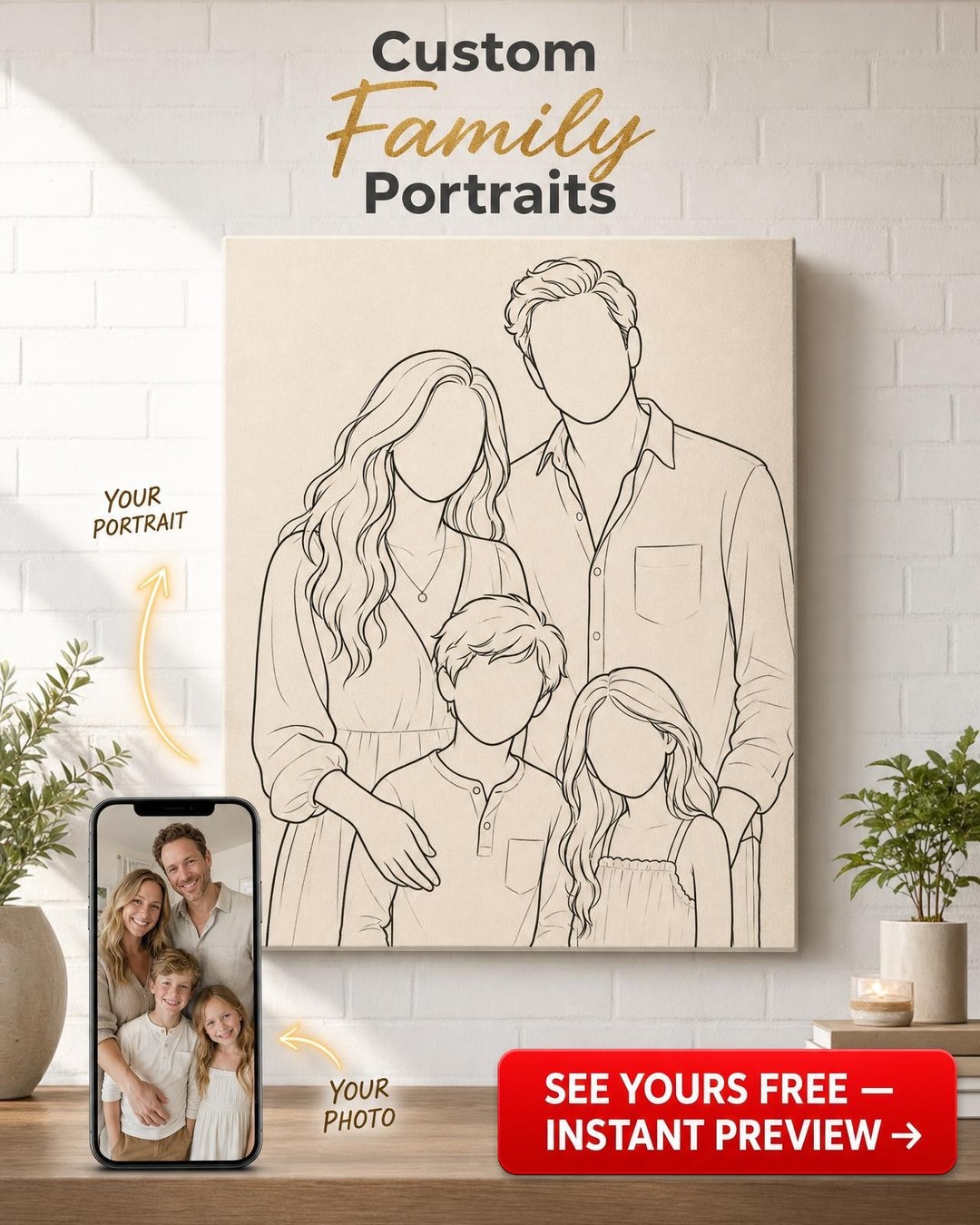 Custom Minimalist Family Portrait — Serene Outline Canvas from Photo