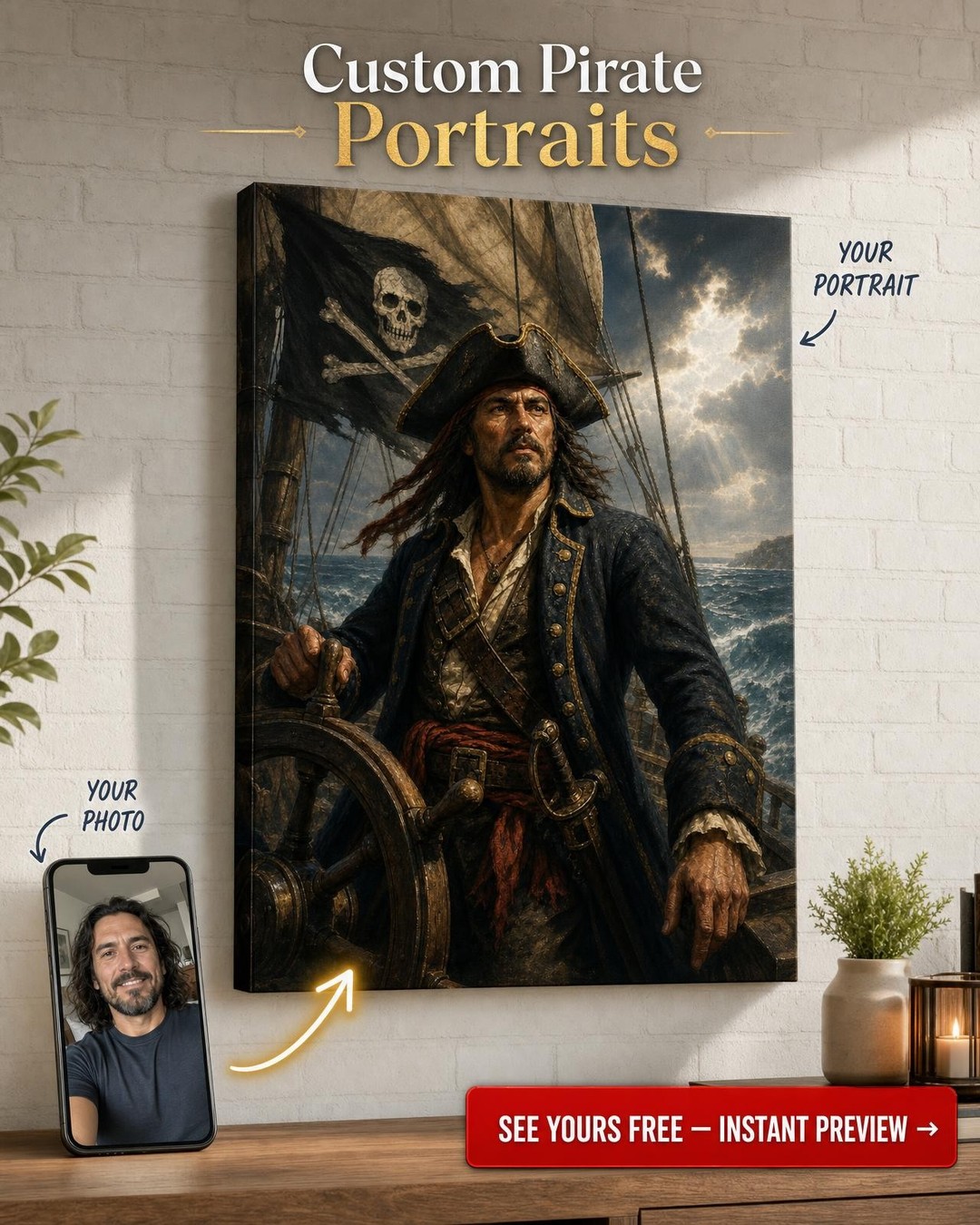 Pirate Captain Custom Portrait from Photo | Personalized Gift for Him