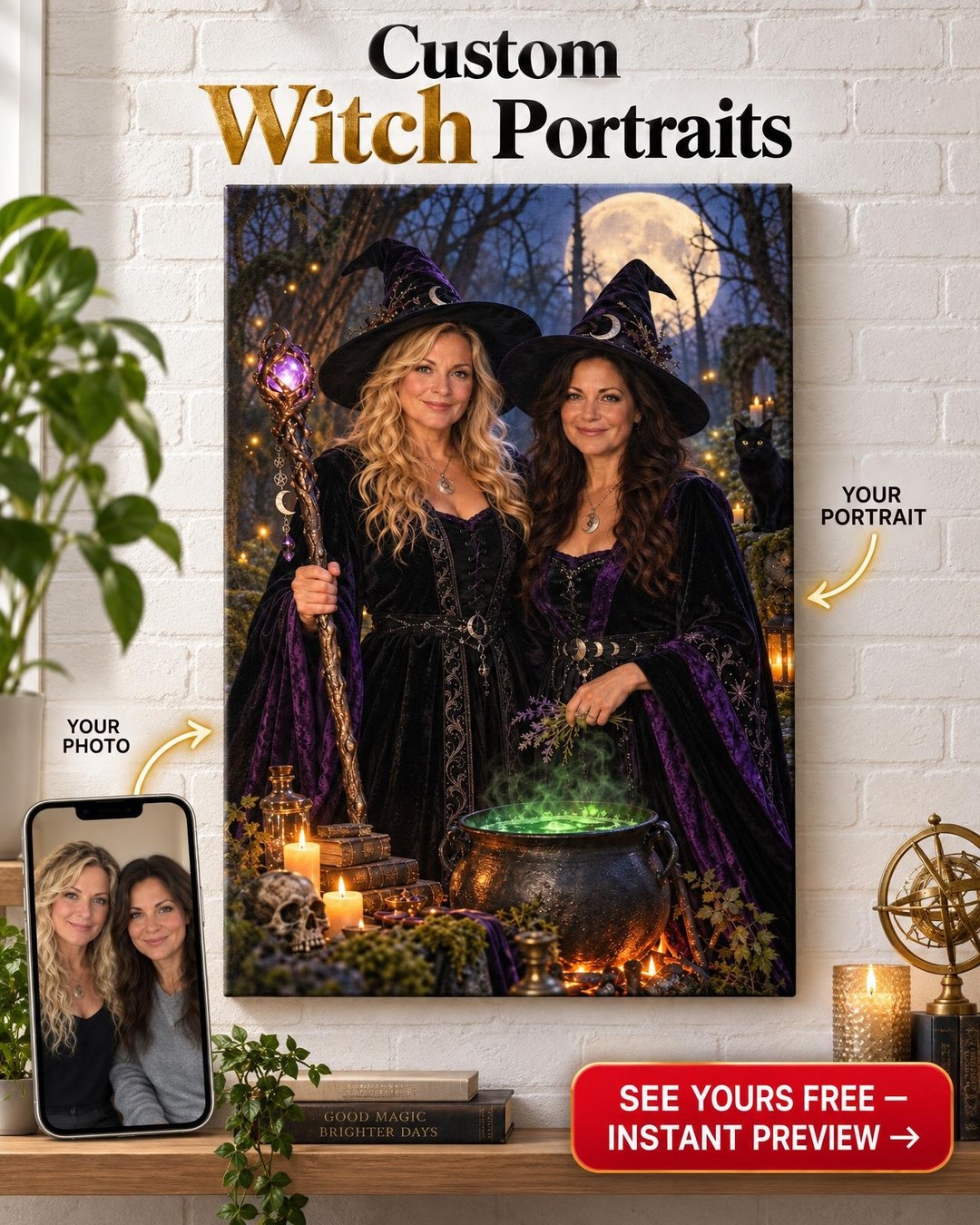Moonlit Forest Witch Custom Portrait from Photo | Personalized Gift for Two Women
