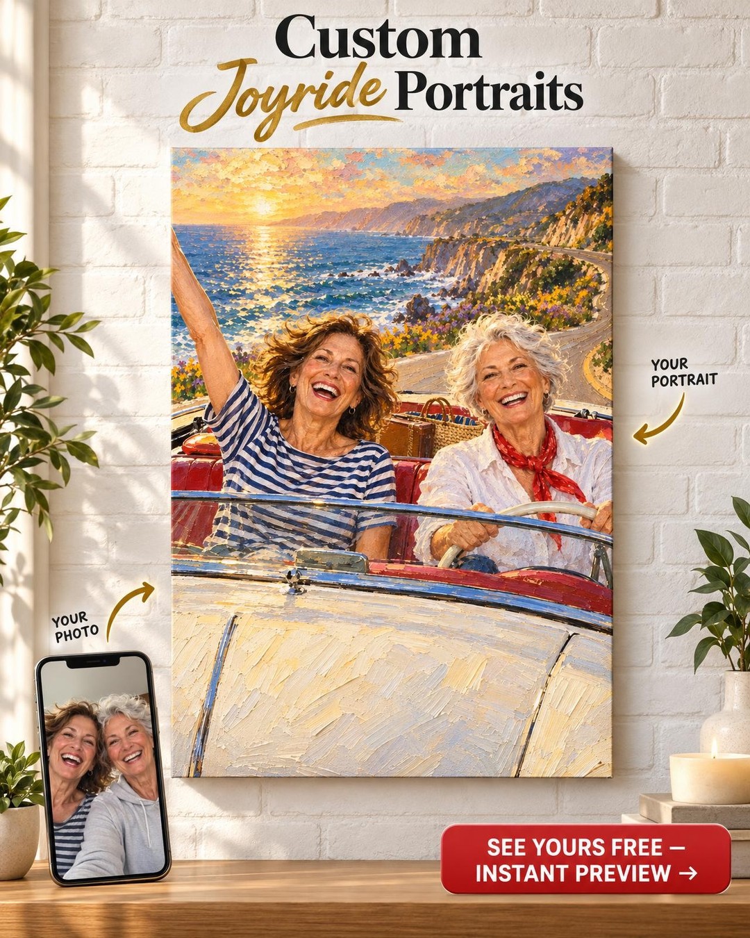 The Coast Road Convertible Best Friends Custom Portrait from Photo | Personalized Gift for Best Friend