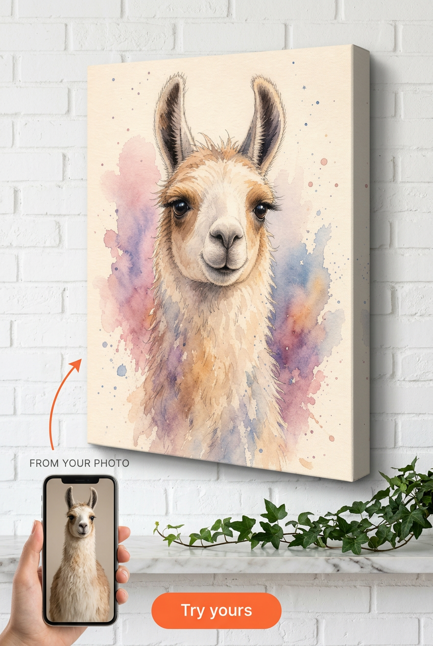 Custom Watercolor Pet Portrait — Whimsical Llama Canvas