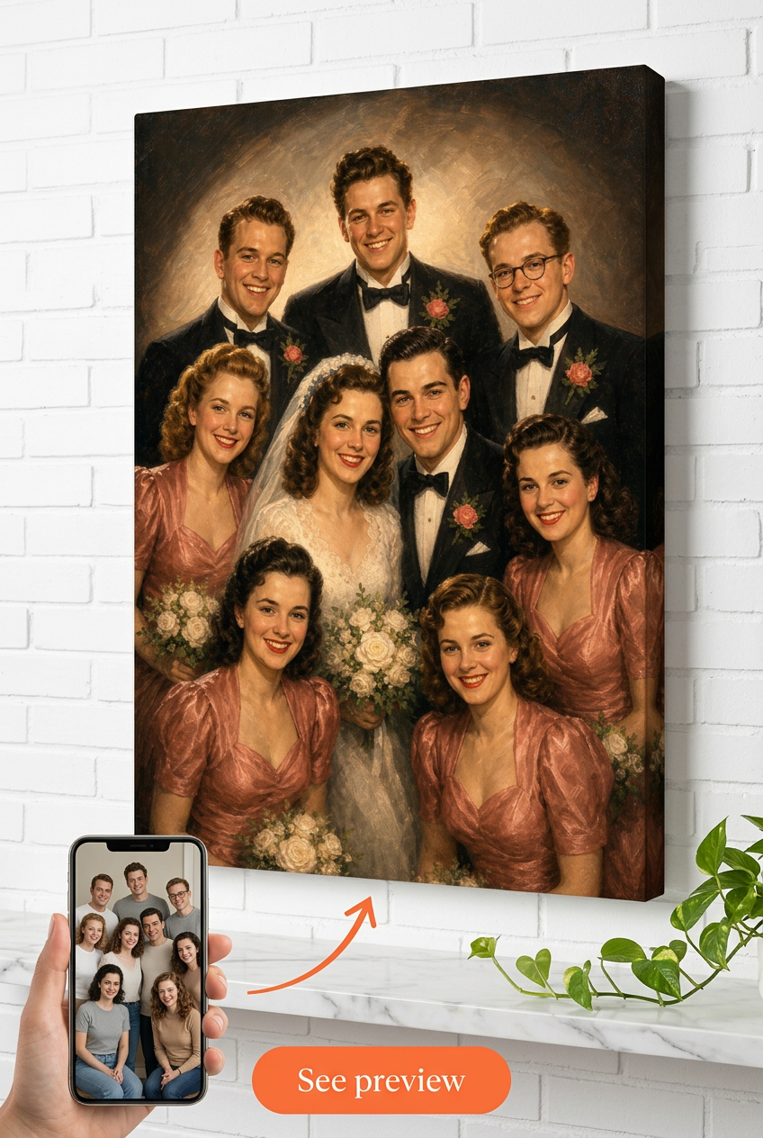 Custom 1940s Hollywood Wedding Party Portrait from Photo | Personalized Gift
