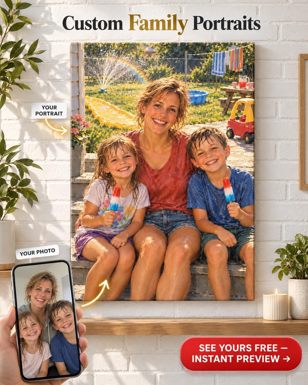 Sprinkler Summer Custom Portrait from Old Photo | Personalized Gift for Mom or Dad