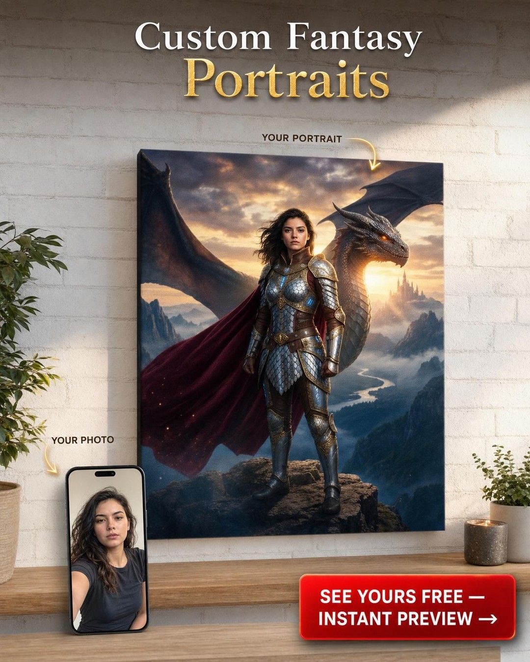 Custom Fantasy Man Portrait — Heroic Dragon Rider Canvas