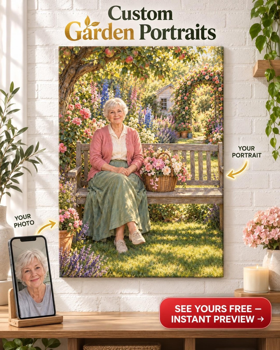 Garden Bench Custom Portrait from Photo | Personalized Gardener Gift