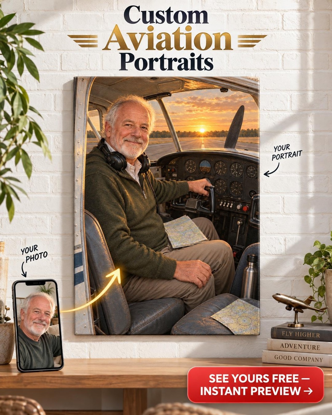 Pilot in the Cockpit Custom Portrait from Photo | Personalized Pilot Portrait Gift