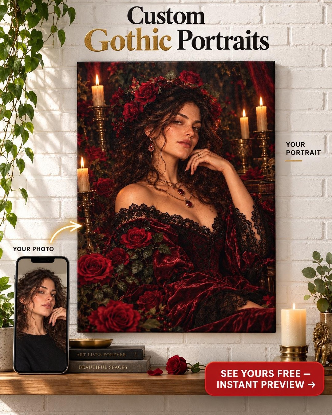 Dark Romantic Rose Witch Custom Portrait from Photo | Personalized For Her Gift