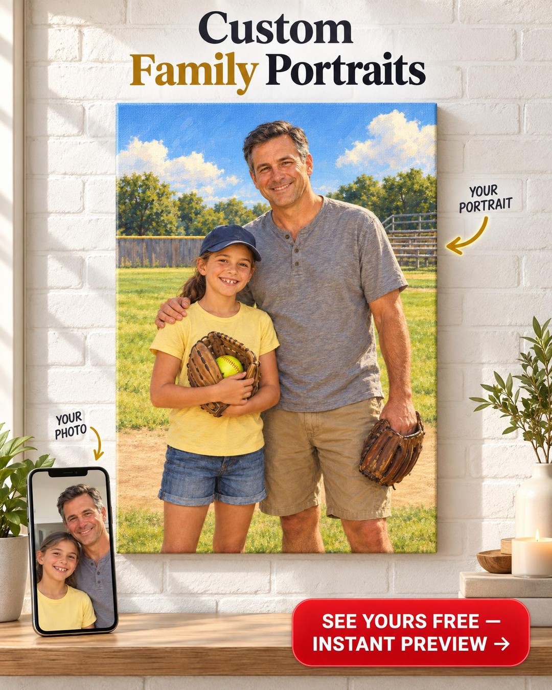 Dad and Daughter Softball Custom Portrait from Photo | Personalized Baseball Portrait Gift
