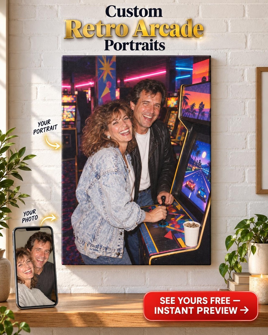 Arcade Date Night Custom Portrait from Photo | Personalized Retro Gamer Gift